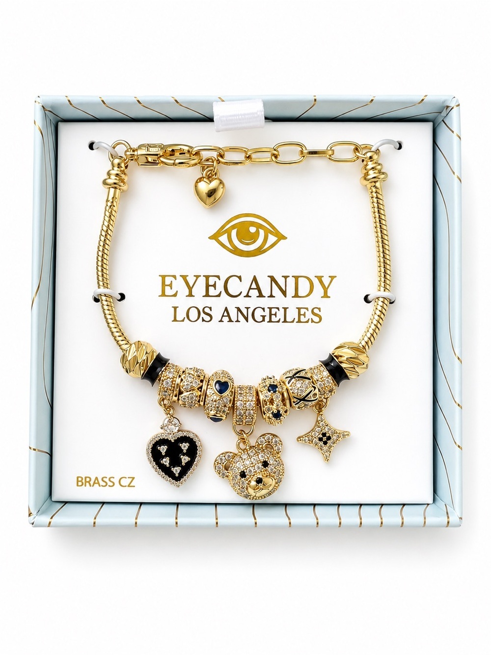 eye candy Gold Rhinestone Enamel Charm Bracelet Black Blue Accents Heart & Bear